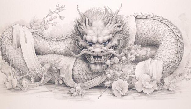 Photo a detailed pencil sketch of a chinese dragon wrapped around an ancient scroll