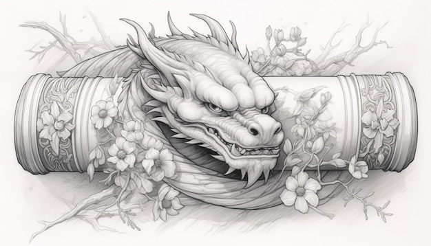 Photo a detailed pencil sketch of a chinese dragon wrapped around an ancient scroll