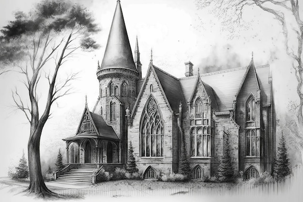 Detailed pencil sketch of gothic house with windows and doors in place