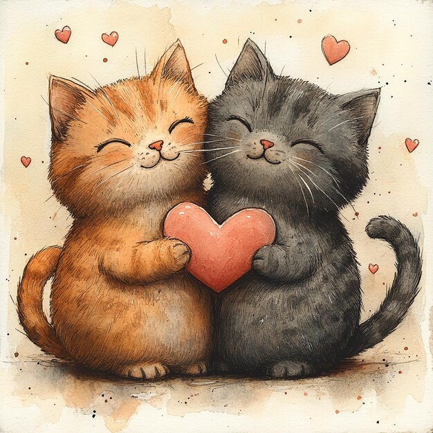 detailed pencil and watercolor illustration depicting of two adorable cats sitting together with the