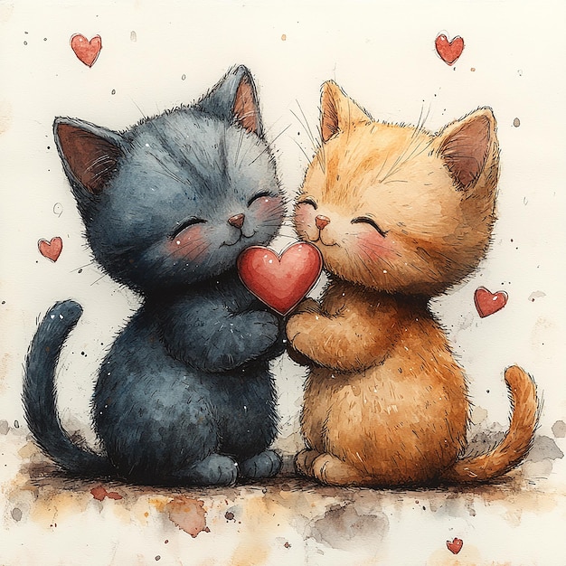 detailed pencil and watercolor illustration depicting of two adorable cats sitting together with the