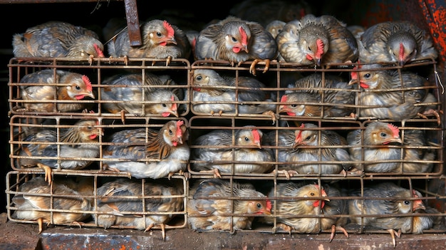 Detailed perspective of captive hens in enclosures on a rural agricultural farmstead