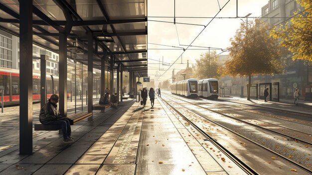 Detailed perspective of a tram stop commuters trams urban environment architectural details photorealistic depiction Generative AI