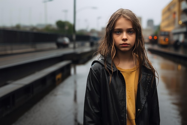 a detailed photo the photograph shows a young Slavic girl stands in the rain wideeyed and sad