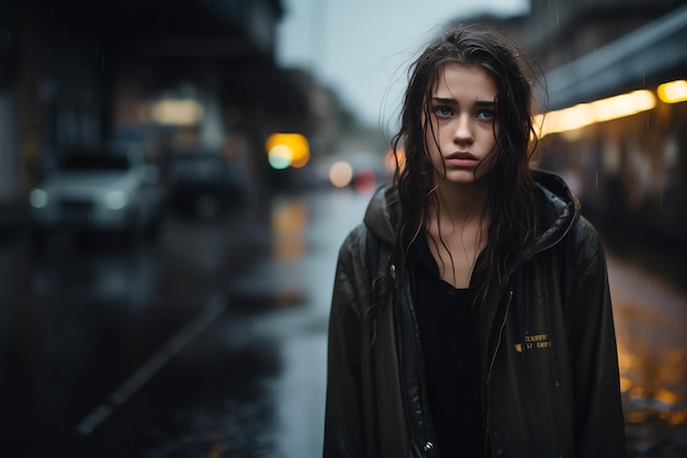 a detailed photo the photograph shows a young Slavic girl stands in the rain wideeyed and sad