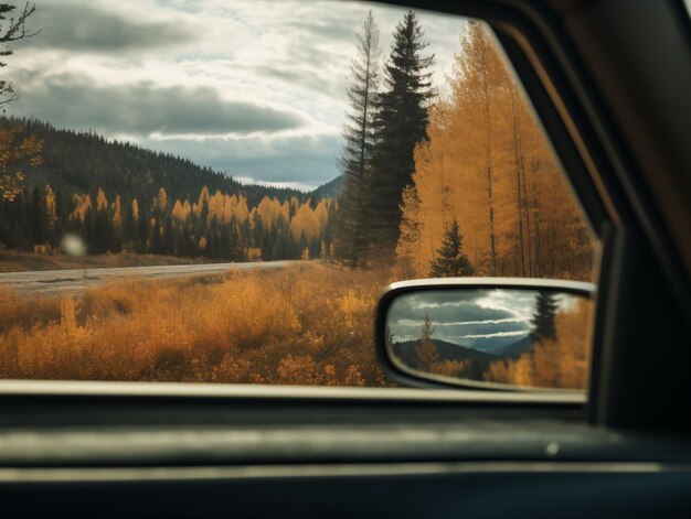 detailed photo showing documentary photo from a car window onto a autumn landscape