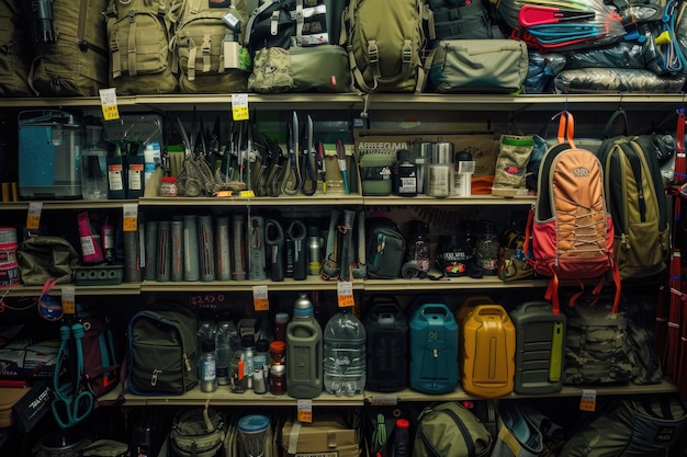 Photo a detailed photo of a store shelf filled with various outdoor and survival gear including knives sc