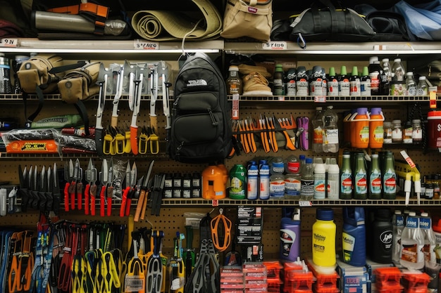 Photo a detailed photo of a store shelf filled with various outdoor and survival gear including knives sci