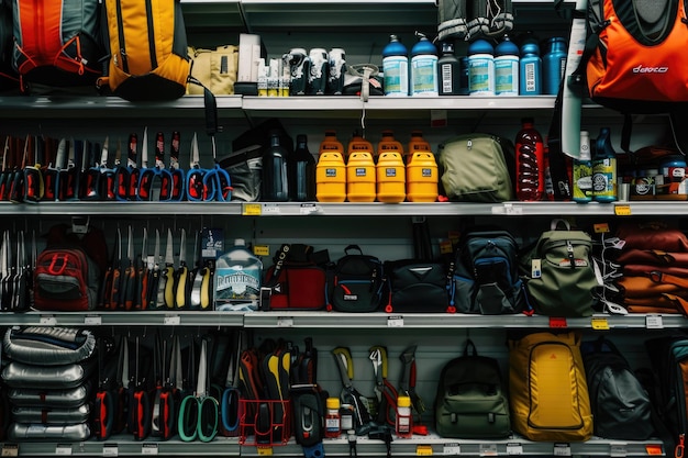 Photo a detailed photo of a store shelf filled with various outdoor and survival gear including knives sci