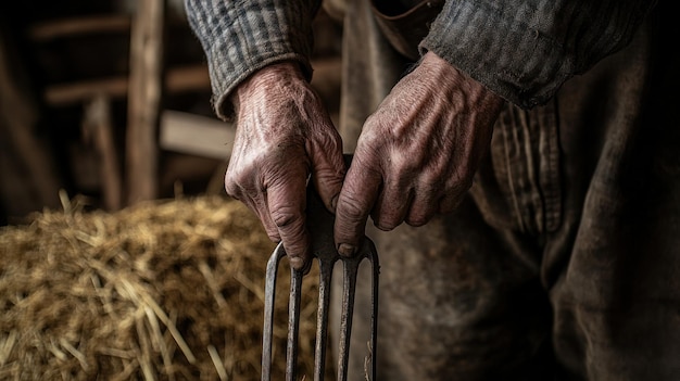 Detailed photograph of a farmer39s hands holding a fork ready to work in a barn full of hay