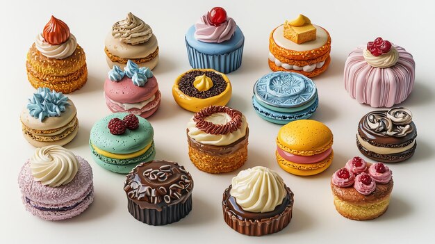 Photo a detailed photorealistic collection of cakes and sweets each delicately crafted and isolated