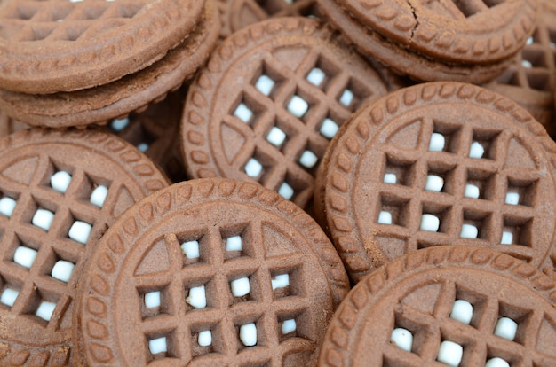 Detailed picture of dark brown round sandwich cookies with coconut filling close up