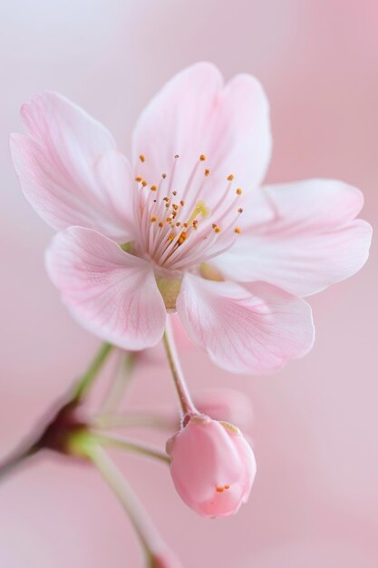 Photo detailed pink cherry blossom flower on pink background highlighting delicate beauty