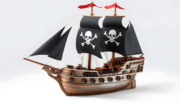 Photo detailed pirate ship model with skull and crossbones sails isolated with white highlights