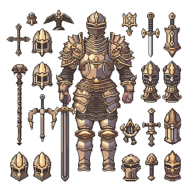 Detailed pixel art assets of a fantasy knight39s armor and weapons