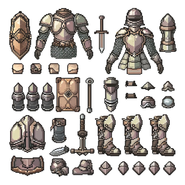 Detailed pixel art assets of a fantasy warrior39s equipment including armor weapons and accessories