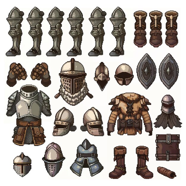 Photo detailed pixel art assets of medieval armor and weapons for game development