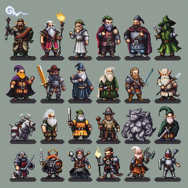 Photo detailed pixel art characters in fantasy rpg style