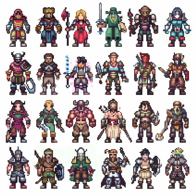 Detailed pixel art characters with weapons and armor in a fantasy setting