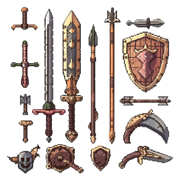 Detailed Pixel Art Collection of Fantasy Weapons and Equipment