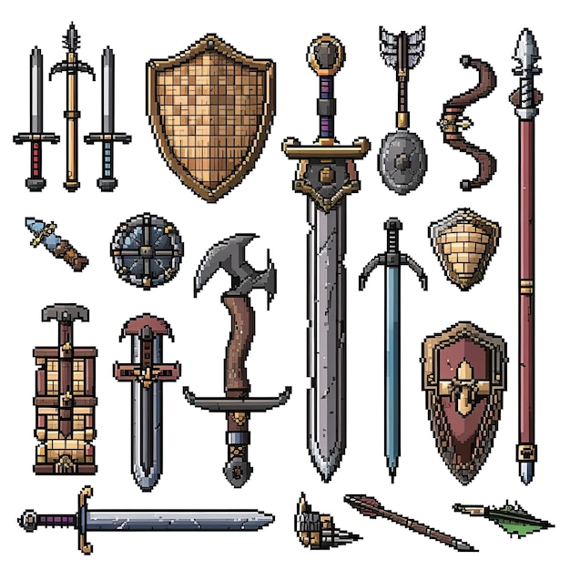 Detailed Pixel Art Collection of Fantasy Weapons and Shields