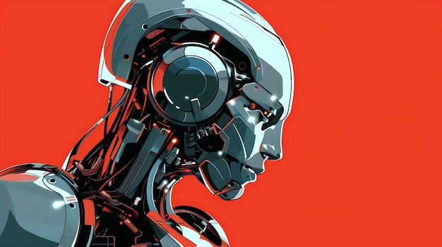 A detailed portrait of a chrome robot with red eyes set against a red background