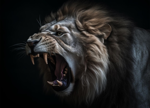 Detailed portrait of a roaring lion39s face isolated black background generative ai