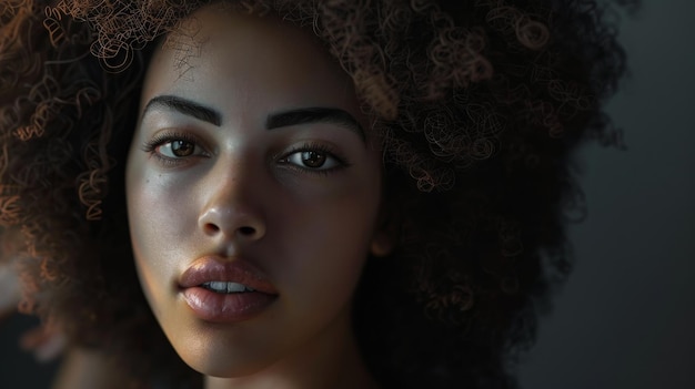 A detailed portrait of a woman with natural curls and a contemplative look captured in soft diffused light that accentuates her facial features