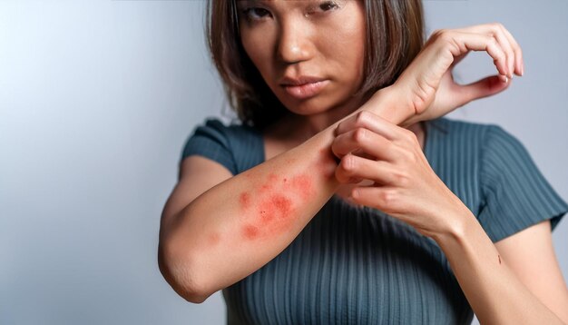 Photo a detailed portrayal of a person suffering from an allergic reaction scratching their arm