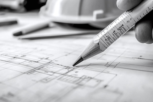 Photo detailed real estate and construction planning magnifying glass focus on architectural blueprint