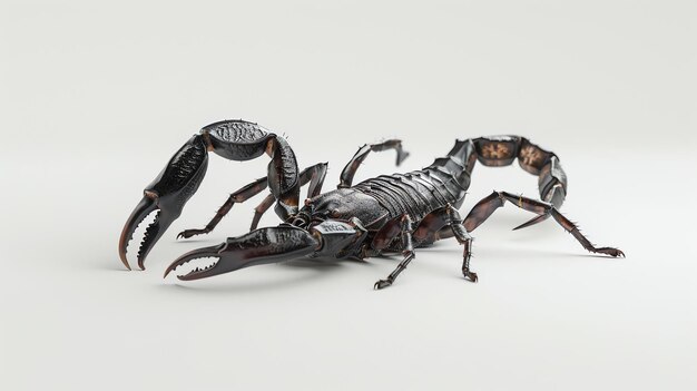 A detailed and realistic 3D rendering of a black scorpion isolated on a white background