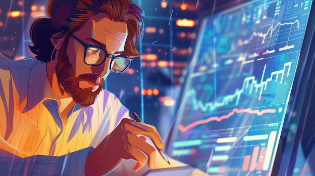 A detailed realistic illustration of a financial analyst studying market trends ar 169 Job ID cf36d27afeaa4eacab639b97852a97f8