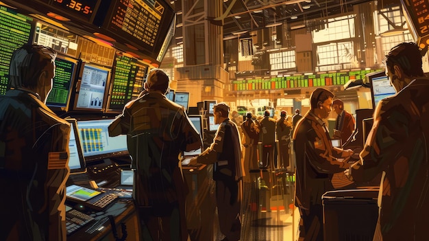 A detailed realistic illustration of a trading floor with busy brokers ar 169 Job ID e9bdb6527d9a427cb082337d904729e6