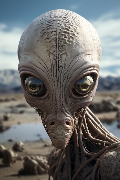 Detailed and realistic representation of an alien life form set within the confines of an alien land