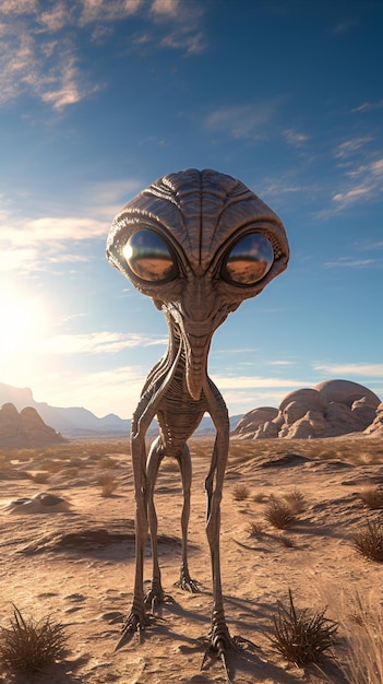 Detailed and realistic representation of an alien life form set within the confines of an alien land