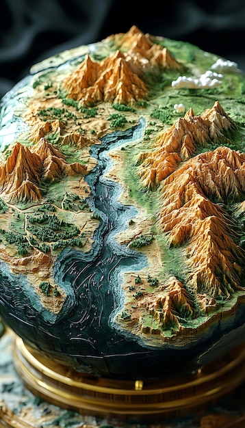 A detailed relief map depicting mountains and a river landscape