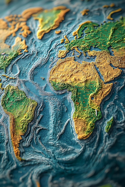 Detailed relief map of the world highlighting continents and oceans