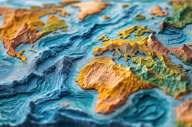 Detailed relief map of the world showcasing topography and landscapes