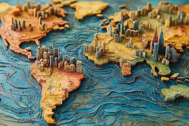 Detailed relief map of the world showcasing urban landscapes