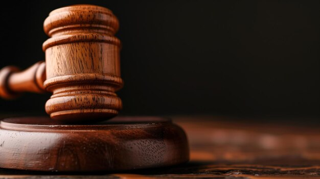 Photo a detailed representation of a wooden gavel resting on a dark polished surface symbolizing justice and authority within a courtroom environment