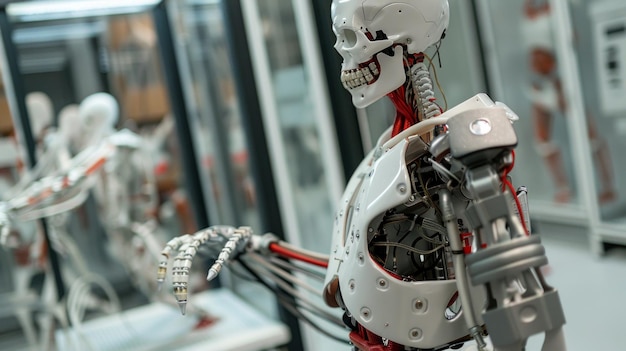 Photo detailed robotic figure with visible mechanics and red wires