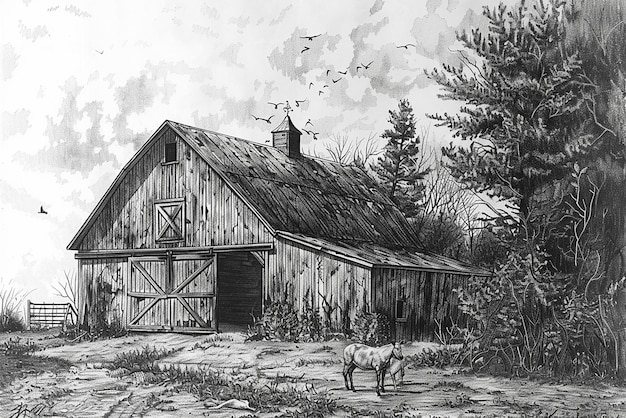 Detailed rural engraving of historic old rustic barn