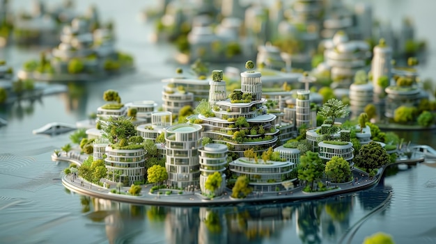 Photo a detailed scale model envisions a futuristic green city on water with lush terraced buildings and a