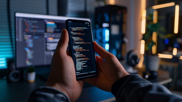 Photo detailed screen mockup on a smartphone held by a developer with coding screen in the background