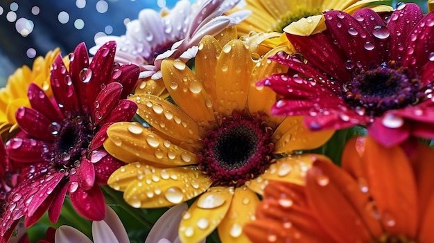 Detailed shot of a bouquet of vibrant colorful flowers with water droplets in Calgary Alberta Canada GENERATE AI