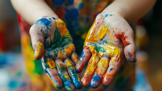 Photo detailed shot of a child hands covered in paint holding a paintbrush with colorful strokes on paper emphasizing the fun and messiness of painting