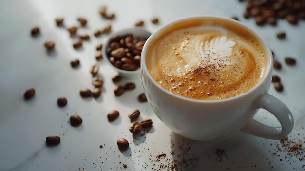 Detailed shot of coffee cup with foam design and coffee beans placed around on a clean white table