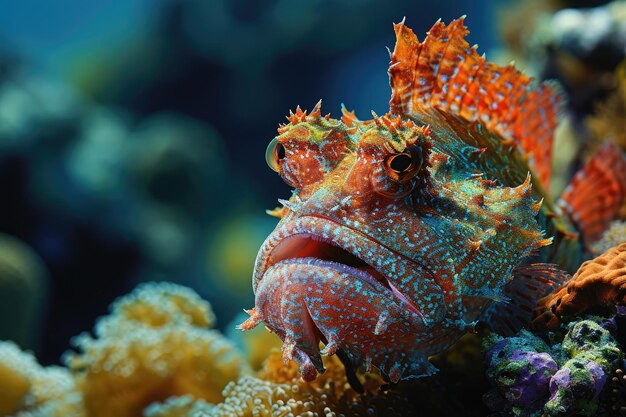 A detailed shot of a colorful clownfish swimming near a coral on a vibrant coral reef An ominous scene of a Scorpionfish camouflaged within the coral AI Generated