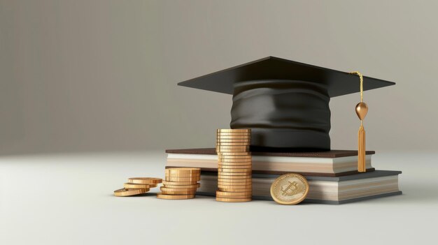 Photo detailed shot of a digital illustration showing a graduation cap with coins and a book