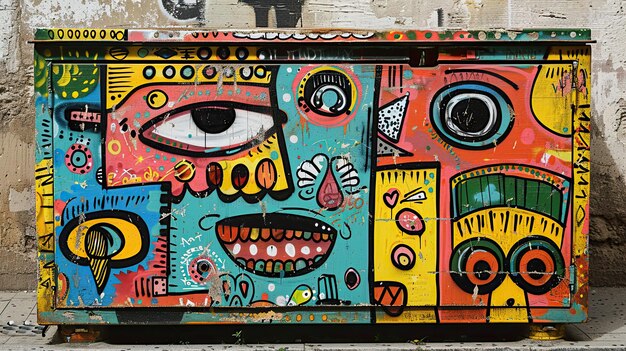 A detailed shot of a graffiticovered utility box featuring bold characters and intricate patterns in bright colors against an urban backdrop